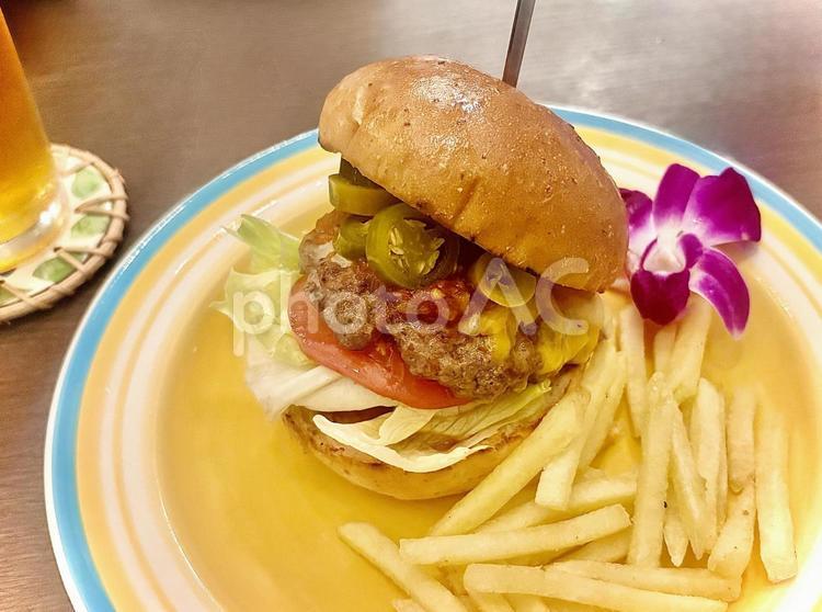グルメバーガーとフライドポテトのプレート ハンバーガー,ポテト,フレンチフライの写真素材