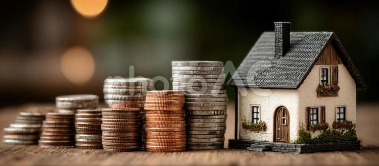 マイホーム購入のための貯蓄と資金 住宅模型,家,コインの写真素材