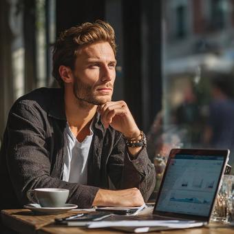 ノートパソコンを広げ仕事をする男性の横顔 ノートパソコンを広げ仕事をする男性の横顔の写真