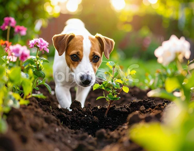 嬉しそうに庭に穴を掘る可愛い犬 穴掘り,土,自然の写真素材