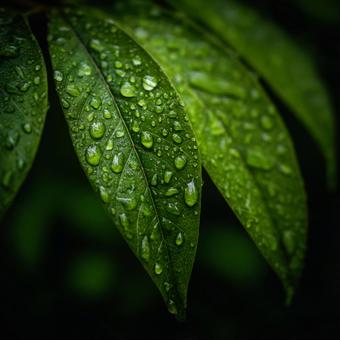 自然の美しさ：瑞々しい水滴が光る緑の葉の写真