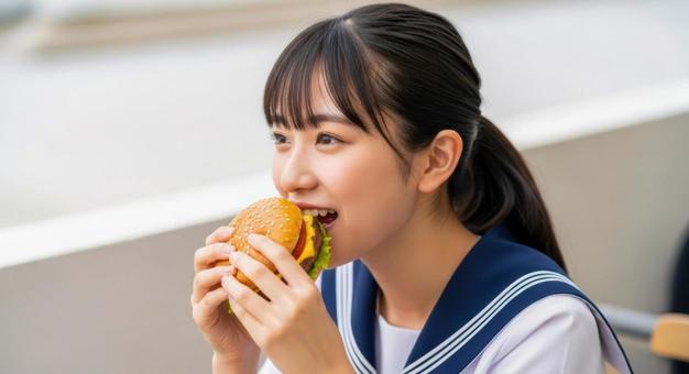 制服姿の女子高校生がハンバーガー食べる 制服姿の女子高校生がハンバーガー食べるの写真
