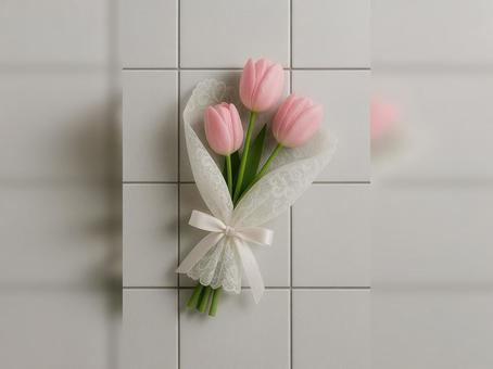 白いリボンのピンクのチューリップの花束 白いリボンのピンクのチューリップの花束の写真