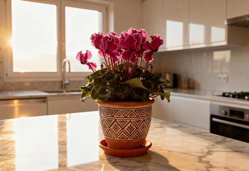 キッチンの大理石に置かれたシクラメン キッチンの大理石に置かれたシクラメンの写真