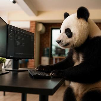 パソコンで作業するパンダ パソコンで作業するパンダの写真