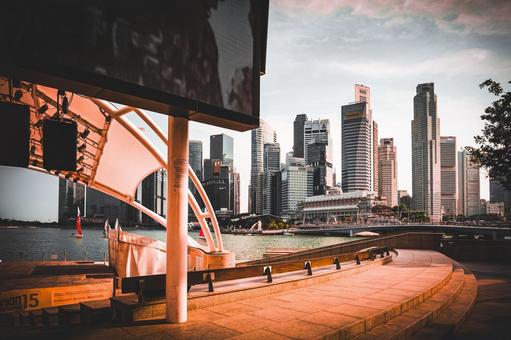 夕暮れのシンガポール湾 シンガポール,マリーナベイ,夕暮れの写真素材