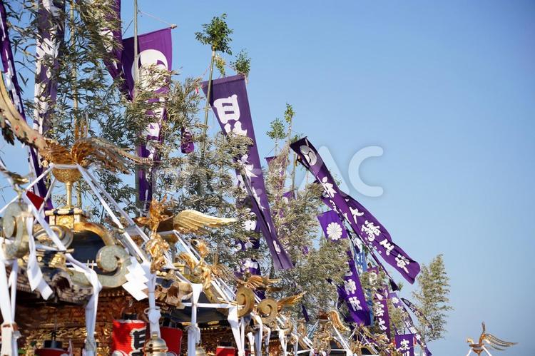 紫の旗と御輿の装飾 浜降祭,夏祭り,賑わいの写真素材