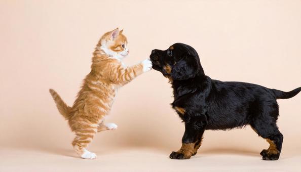 はしゃいで遊ぶ犬と猫 はしゃいで遊ぶ犬と猫の写真