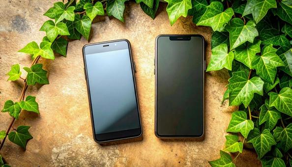 連絡交換のイメージ 机の上の携帯電話二台 連絡交換のイメージ 机の上の携帯電話二台の写真