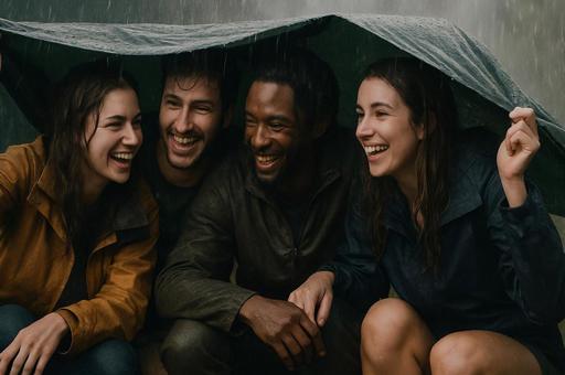 雨宿りする友人の笑顔 雨宿りする友人の笑顔の写真