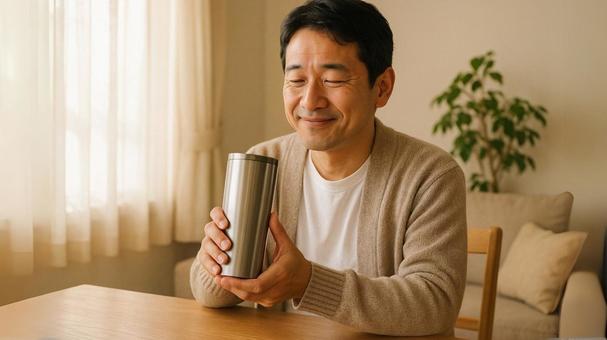 贈り物を受け取り感慨深げな父 贈り物を受け取り感慨深げな父の写真