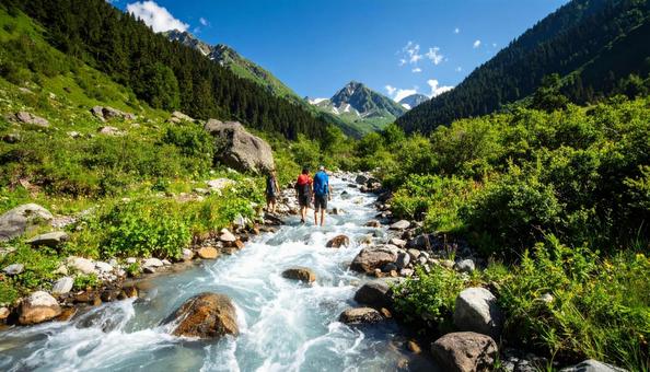 夏の渓谷の水辺で涼をとる人たち 夏の渓谷の水辺で涼をとる人たちの写真