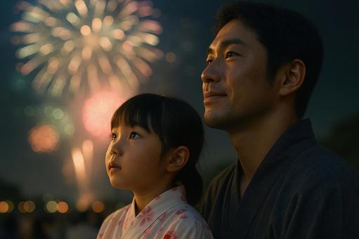 花火を見上げる親子の横顔 花火を見上げる親子の横顔の写真