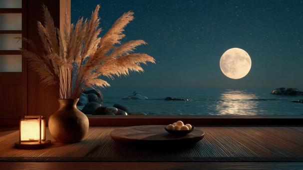 和室から望む月夜の海 和室から望む月夜の海の写真