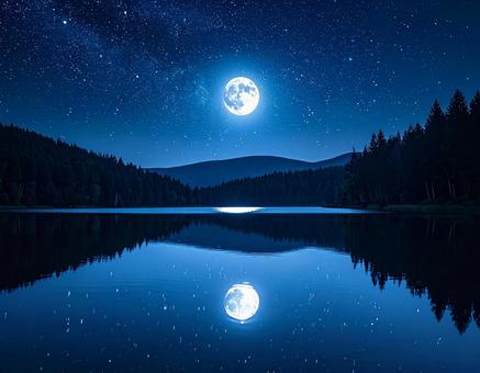 湖に反射する満月 湖に反射する満月の写真