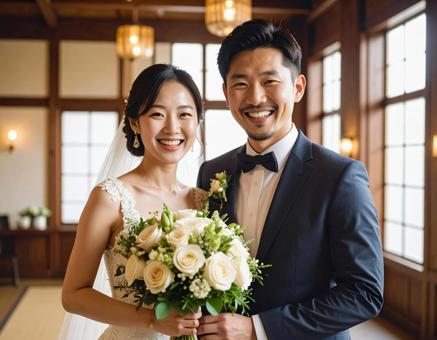 笑顔がまぶしい新郎新婦のウェディングの写真