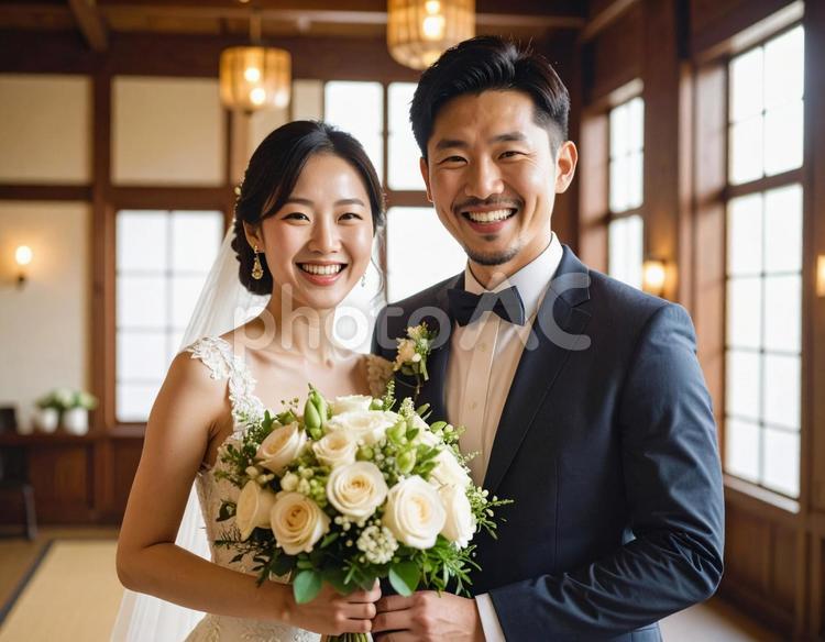 笑顔がまぶしい新郎新婦のウェディング 結婚式,新郎新婦,ウェディングの写真素材