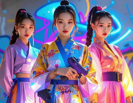 近未来的な韓服風衣装を着た3人グループ 近未来的な韓服風衣装を着た3人グループの写真