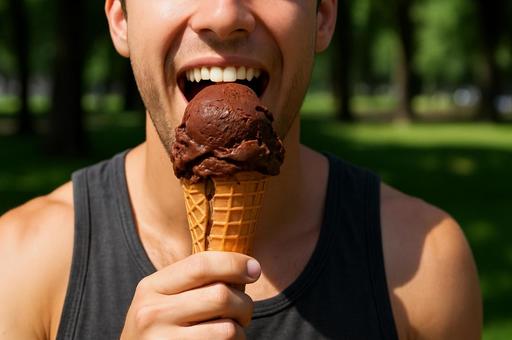 アイスを食べる男性 アイスを食べる男性の写真
