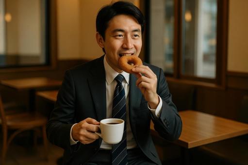 ビジネスマンが休憩中に食べるドーナツ ビジネスマンが休憩中に食べるドーナツの写真