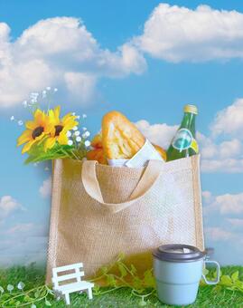 バッグとフランスパンと青空 ピクニック,バッグ,フランスパンの写真素材