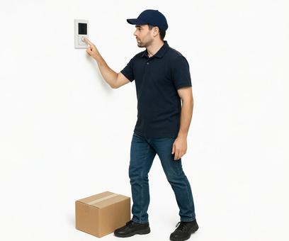 インターホンを押す宅配業者の男性 インターホンを押す宅配業者の男性の写真