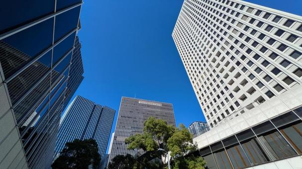 オフィス街のビル群と快晴の空 都会 オフィス街のビル群と快晴の空 都会 高層ビル,オフィスビル,青空の写真素材
