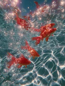 水中を優雅に泳ぐ赤い金魚たちの写真