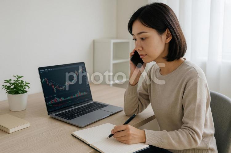 ノートに記録を取りながら取引する女性 女性,投資,記録の写真素材