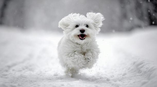 雪の中を元気に走るマルチーズ・小型犬 雪の中を元気に走るマルチーズ・小型犬の写真