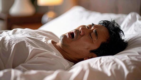 大きないびきをかいて眠る日本人男性 大きないびきをかいて眠る日本人男性の写真