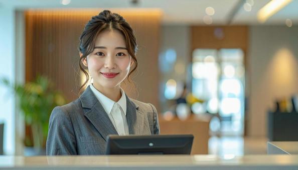 来客を迎える受付の女性 来客を迎える受付の女性の写真