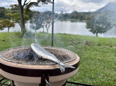 七輪で焼かれる秋刀魚 七輪で焼かれる秋刀魚 サンマ,秋刀魚,さんまの写真素材