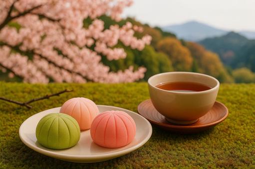 桜と和菓子とお茶の春景色 桜と和菓子とお茶の春景色の写真