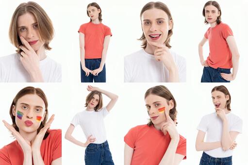 Tシャツの長髪男性のセット 男性,フェイスペイント,笑顔の写真素材