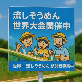 流しそうめん世界大会開催中の標識 流しそうめん世界大会開催中の標識の写真