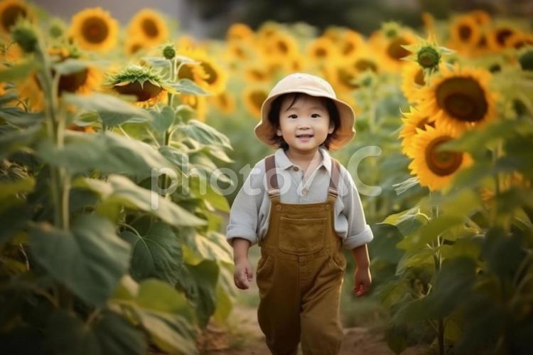 ひまわり畑と男の子　夏休み旅行の思い出 ひまわり,ヒマワリ,サンフラワーの写真素材