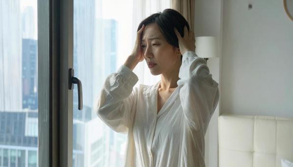 部屋着のまま部屋の窓際で体調不良の女性 部屋着のまま部屋の窓際で体調不良の女性の写真