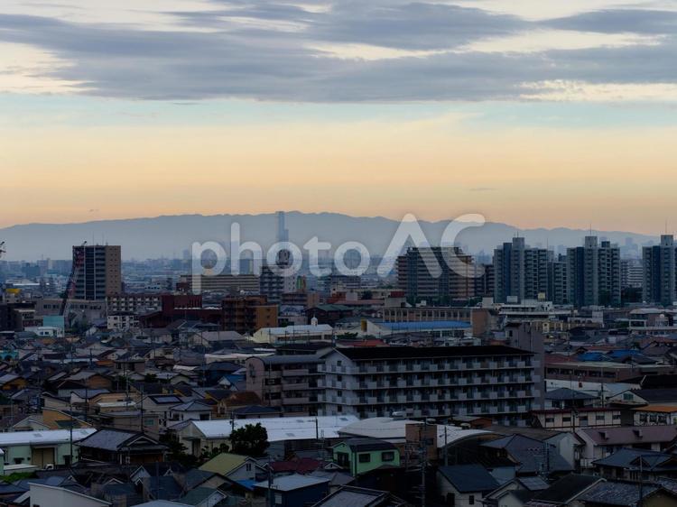 朝焼けと大阪の市街地 朝焼け,市街地,大阪市の写真素材