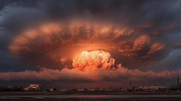 夕焼けに染まる核爆発のキノコ雲 夕焼けに染まる核爆発のキノコ雲の写真