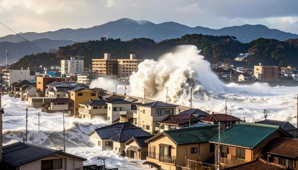 津波が押し寄せる住宅街の写真