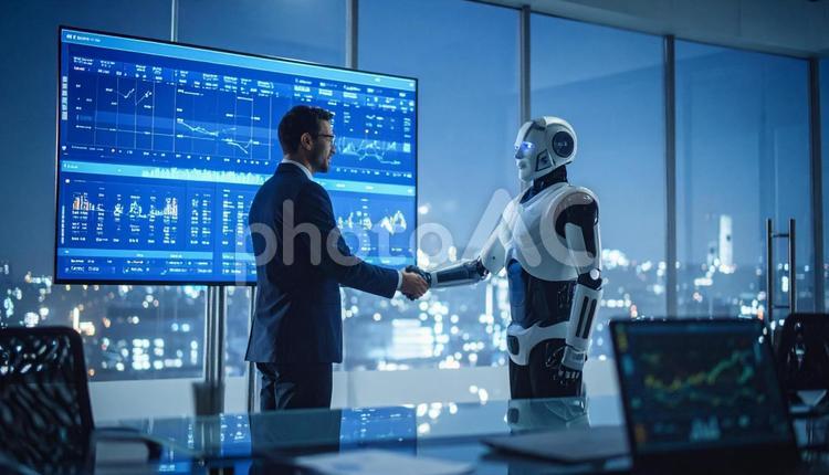 AIとの共存：未来のビジネスシーン ai,ロボット,人工知能の写真素材