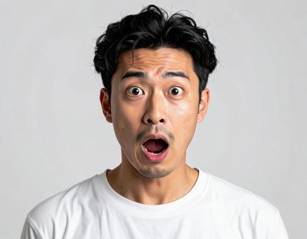 口を開けて驚く若い男性の写真