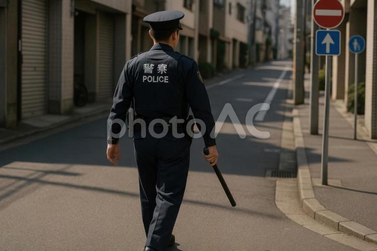 警棒を持って巡回する警察官 警察官,警棒,日本の写真素材