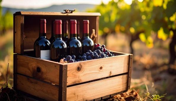 木箱におさめられた赤ワインの写真