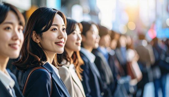 斜めの角度から見た整列する若い会社員の写真