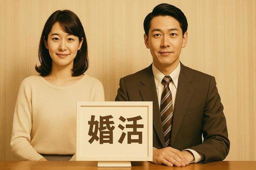 婚活中の男女・昭和レトロ風・お見合いの写真