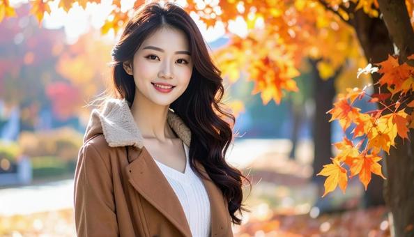 秋の背景に立つ若い日本人女性 秋の背景に立つ若い日本人女性の写真