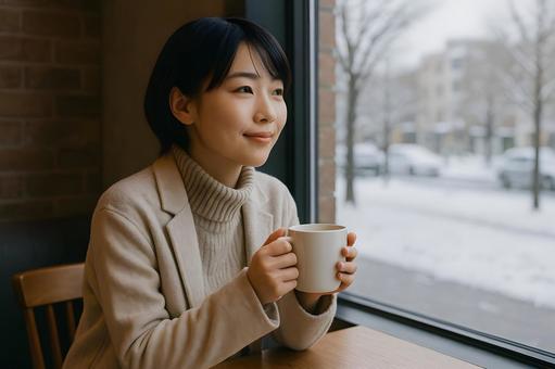冬カフェ女性 冬カフェ女性の写真