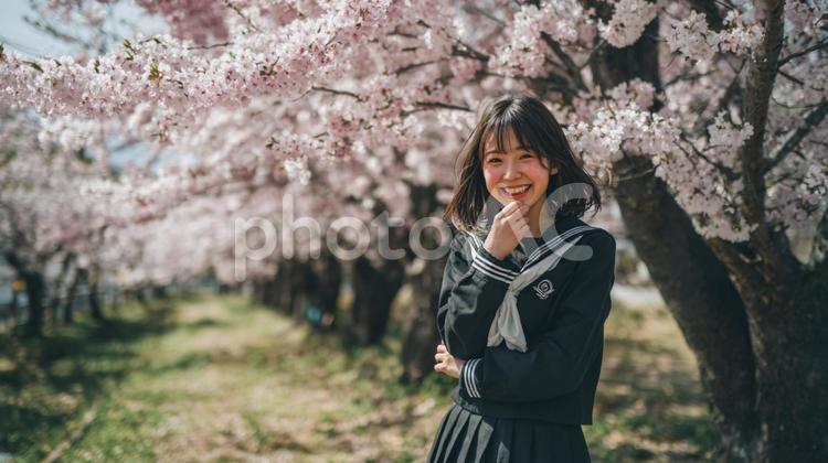 黒セーラーと満開の桜 女性,桜,制服の写真素材